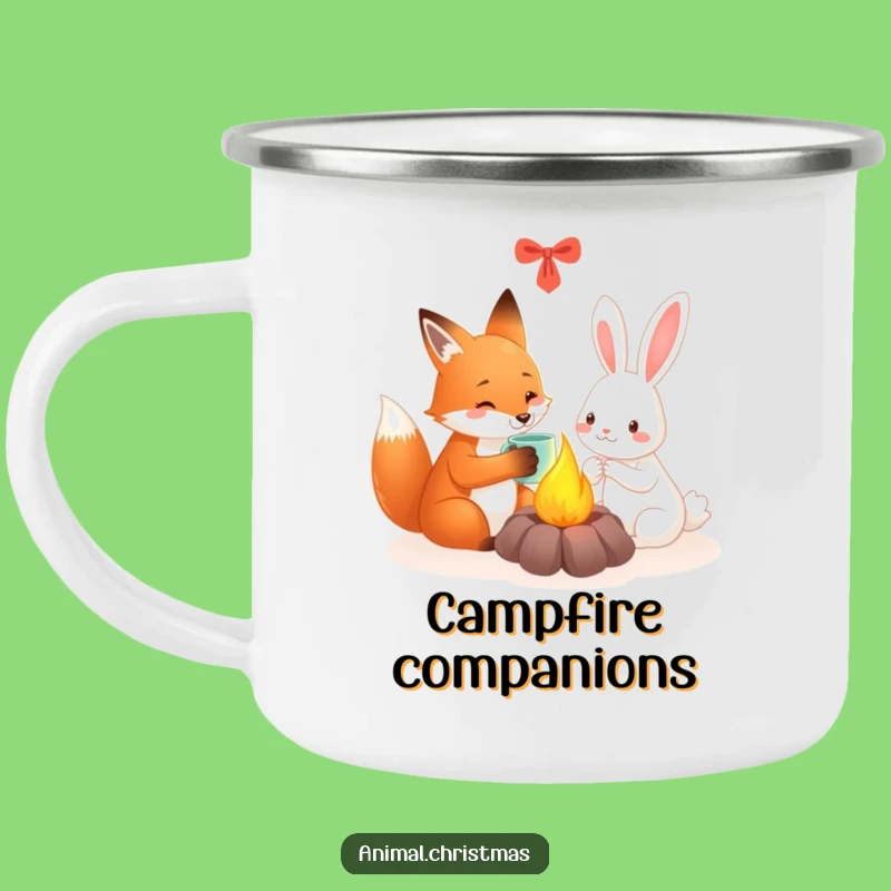 Funny Fox & Rabbit Cozy Enamel Camping Mug - Rustic Winter Friends Gift