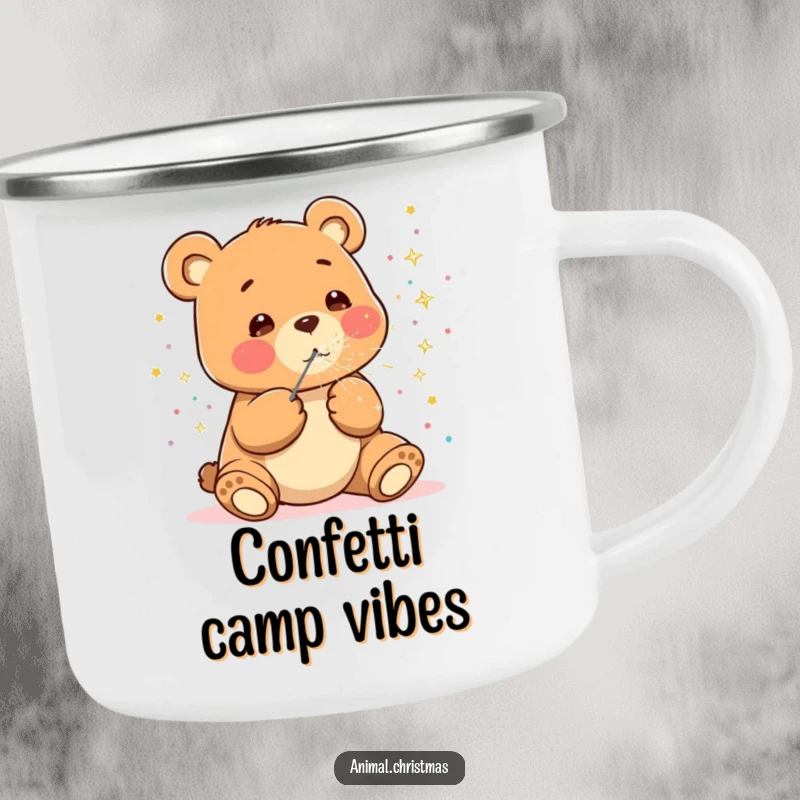 Funny kawaii bear camping mug, happily blowing sparkly confetti, sturdy and cute mug for outdoor celebrations.