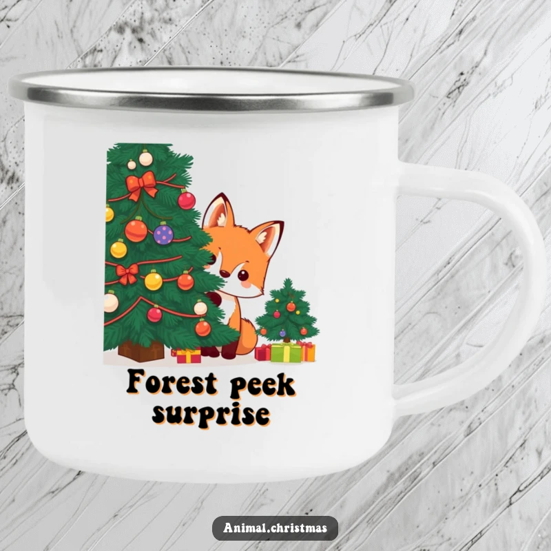 Funny kawaii fox peeking from a Christmas tree on a rugged camping mug, perfect for humorous outdoor enjoyment.