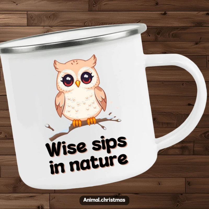 Funny kawaii owl camping mug, twinkling eyes, perched on a snowy branch, sturdy and cute mug for outdoor activities.