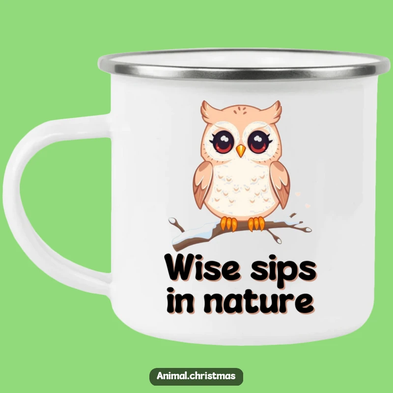 Funny Kawaii Owl Camping Mug: Twinkling Eyes, Snowy Branch - Outdoor Funny Gift