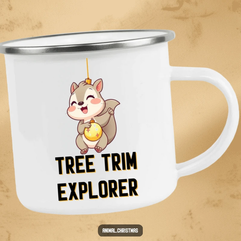 Funny kawaii squirrel gleefully hanging a shiny ornament on a rugged camping mug, perfect for humorous outdoor enjoyment.