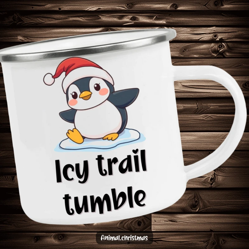 Funny Penguin Slip Camping Mug, a cute penguin in a Santa hat slipping on ice, ready for outdoor holidays and festive campfire moments with humor.