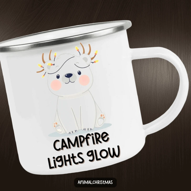 Funny camping mug with a polar bear humorously tangled in twinkling Christmas lights, ideal for outdoor holiday enthusiasts.