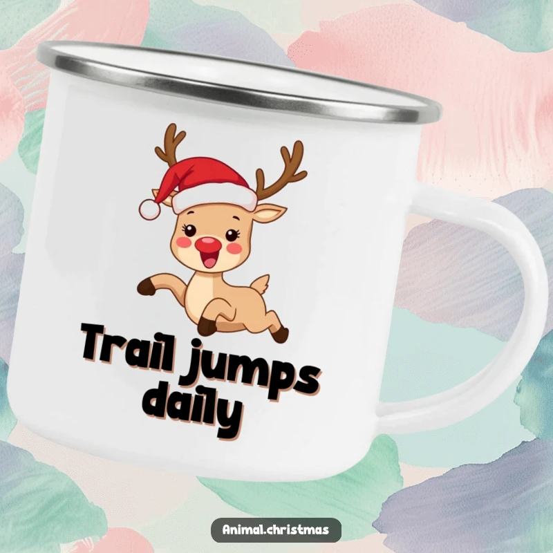 Funny camping mug showing a reindeer in a Santa hat, joyfully leaping, ideal for outdoor adventures and holiday spirit.