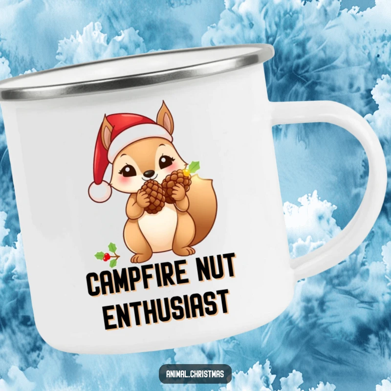 Funny squirrel camping mug wearing a Santa hat, holding a glowing pinecone, durable for outdoor use.