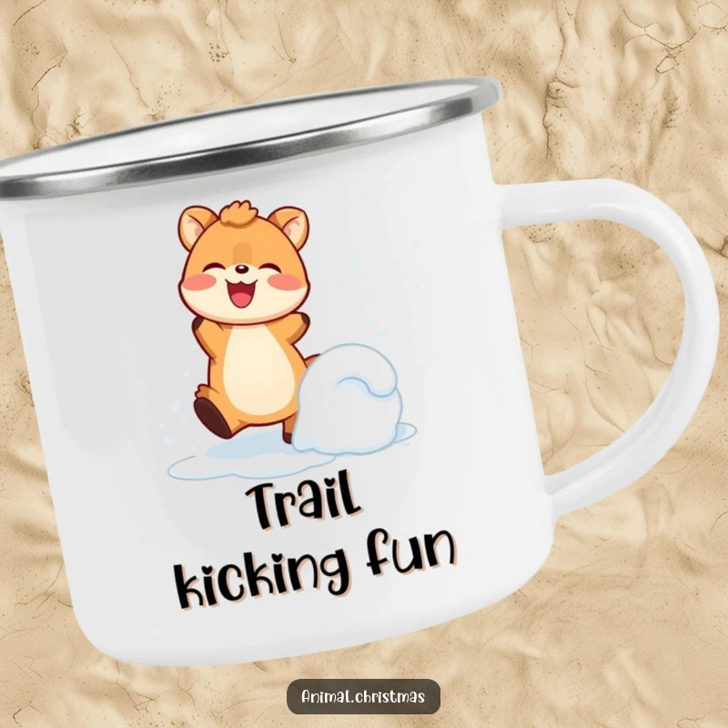 Funny Camping Mug: An animal joyfully kicks up snow, bringing energetic winter charm to outdoor moments.