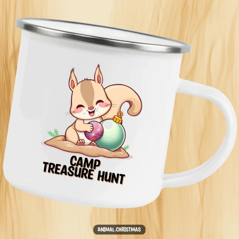 Funny camping mug with a happy squirrel burying a shiny ornament, ideal for outdoor enthusiasts and holiday cheer.