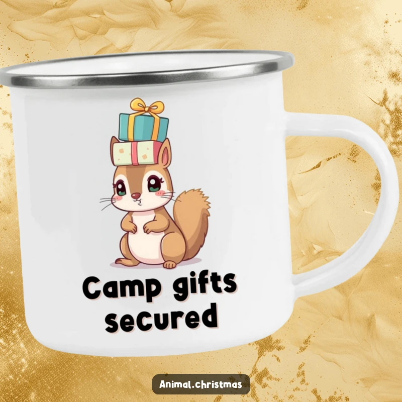Funny Christmas camping mug featuring a small squirrel with bright eyes, precariously balancing a pile of wrapped presents on its head.