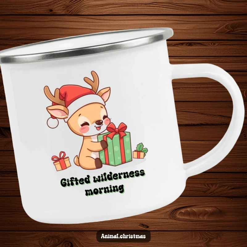 Funny kawaii deer in Santa hat, ecstatically unwrapping a present on a rugged camping mug, ideal for outdoors.