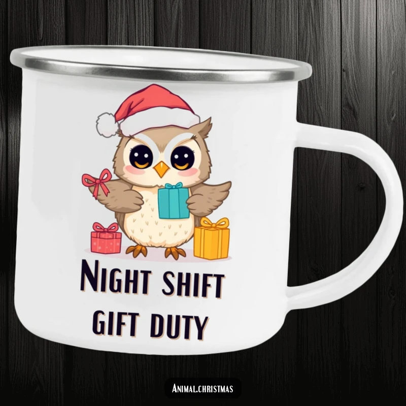 Funny camping mug with a cute owl in a Santa hat, delivering presents on a holiday adventure.
