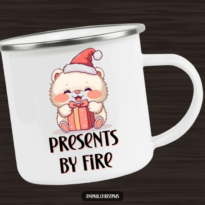 Funny camping mug featuring a fluffy animal in a Santa hat, enthusiastically unwrapping a gift, designed for outdoor enjoyment and humor.