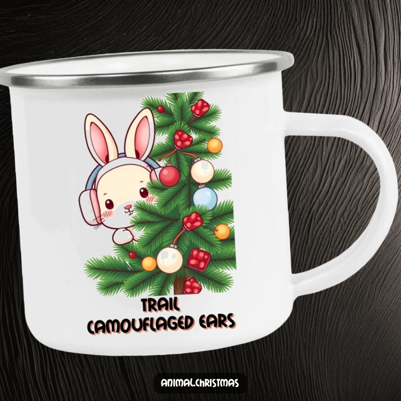 Funny rabbit camping mug with a cute rabbit in earmuffs peeking from behind a decorated pine tree, ideal for outdoor use.