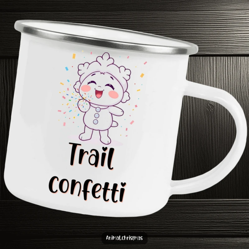 Funny camping mug with a snowflake character gleefully blowing colorful confetti, ideal for outdoor winter enthusiasts.