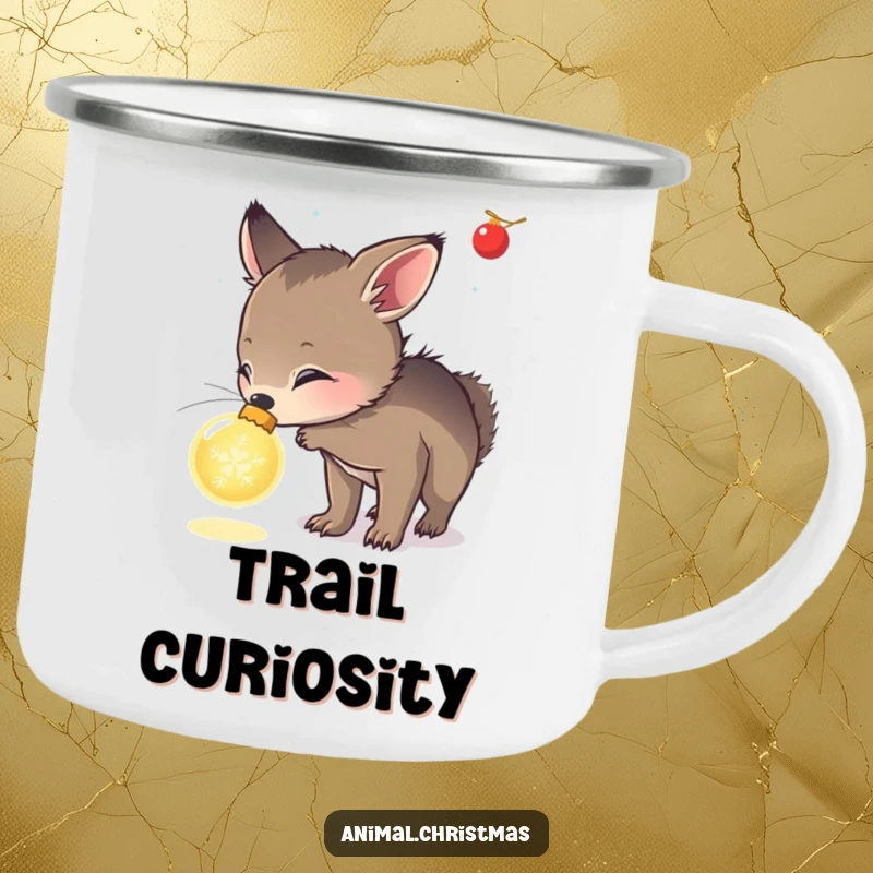Funny camping mug featuring a cute animal curiously sniffing a glowing Christmas ornament, ideal for outdoor holiday explorers.