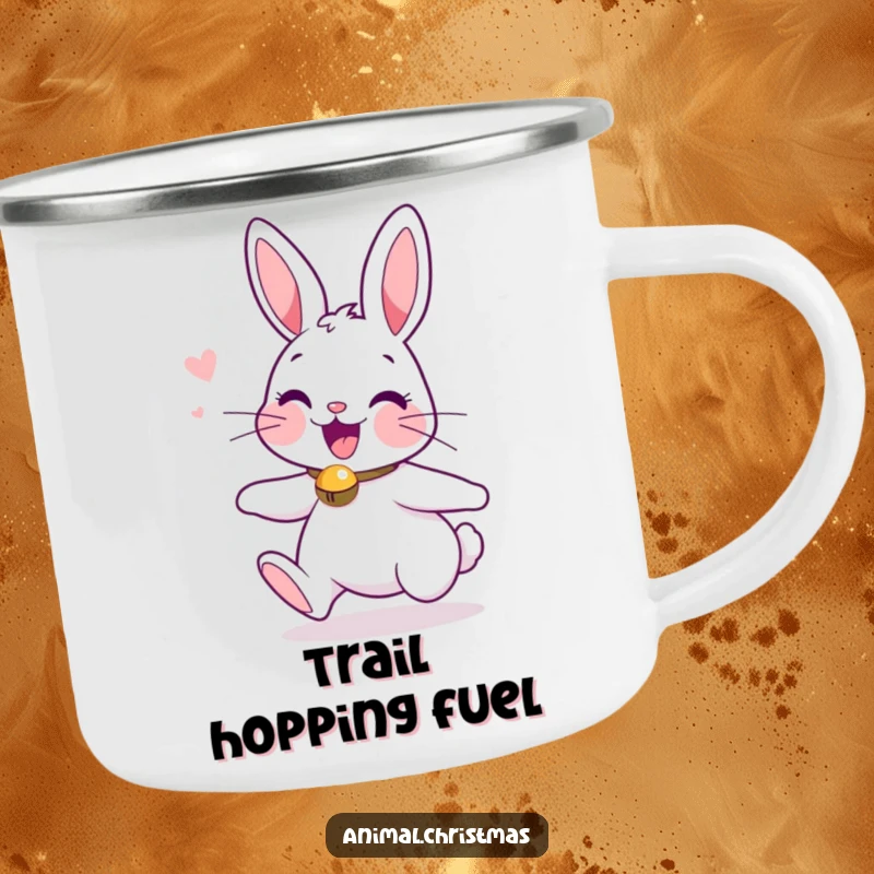 Funny camping mug with an excited bunny wearing a jingle bell collar, ready for festive outdoor fun.