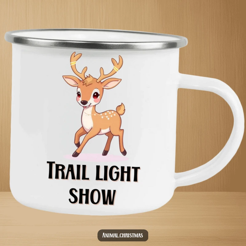 Funny deer Christmas camping mug with a happy deer prancing with twinkling lights woven into its antlers, built for outdoor magic.