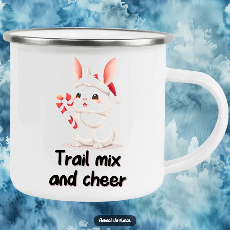 Funny Christmas camping mug with a fluffy white bunny in a Santa hat holding a glowing candy cane, perfect for enjoying hot beverages outdoors.