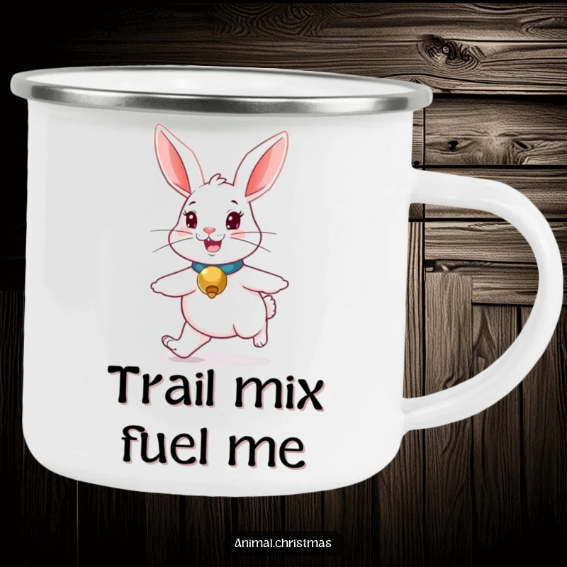 Funny rabbit camping mug, a cute bunny with a jingle bell collar, hopping merrily, durable for outdoors.
