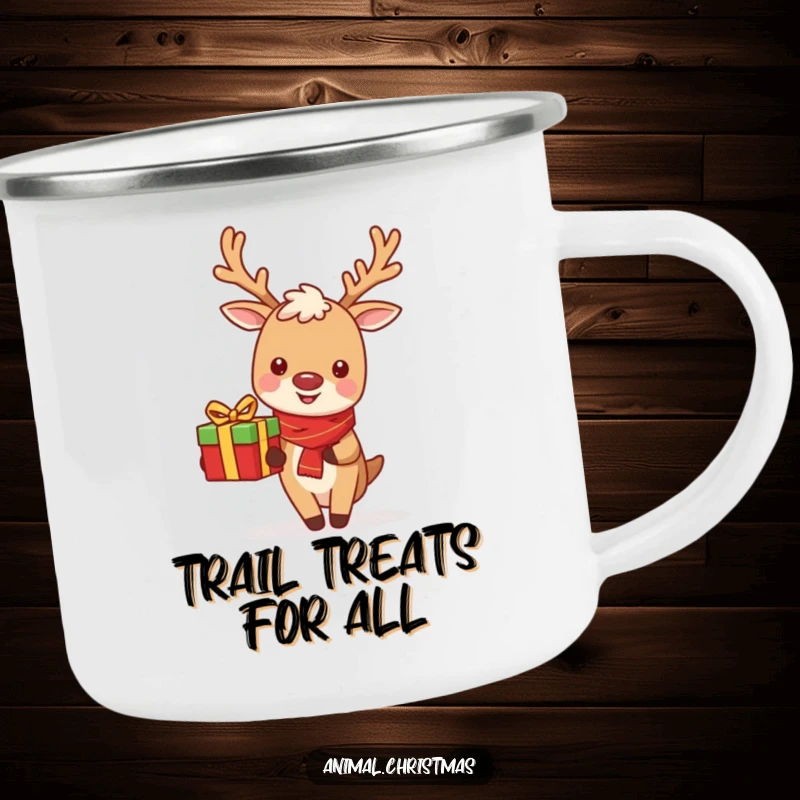 Funny Reindeer Camping Mug: A cheerful reindeer delivering a gift, perfect for outdoor holiday enjoyment.