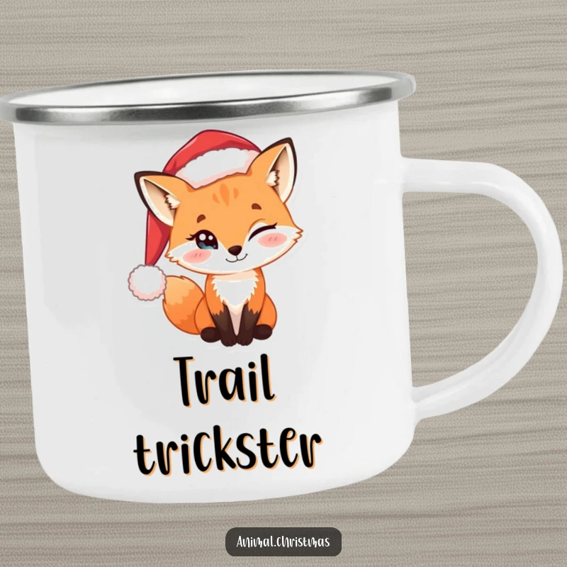 Funny camping mug with a sly fox wearing a Santa hat, enjoying a holiday adventure with a twinkle.