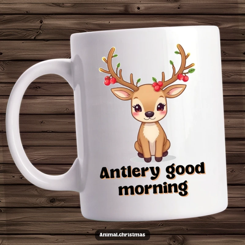 Elegant mug with a deer sporting festive antlers decorated with glowing berries, evoking a magical woodland winter scene.