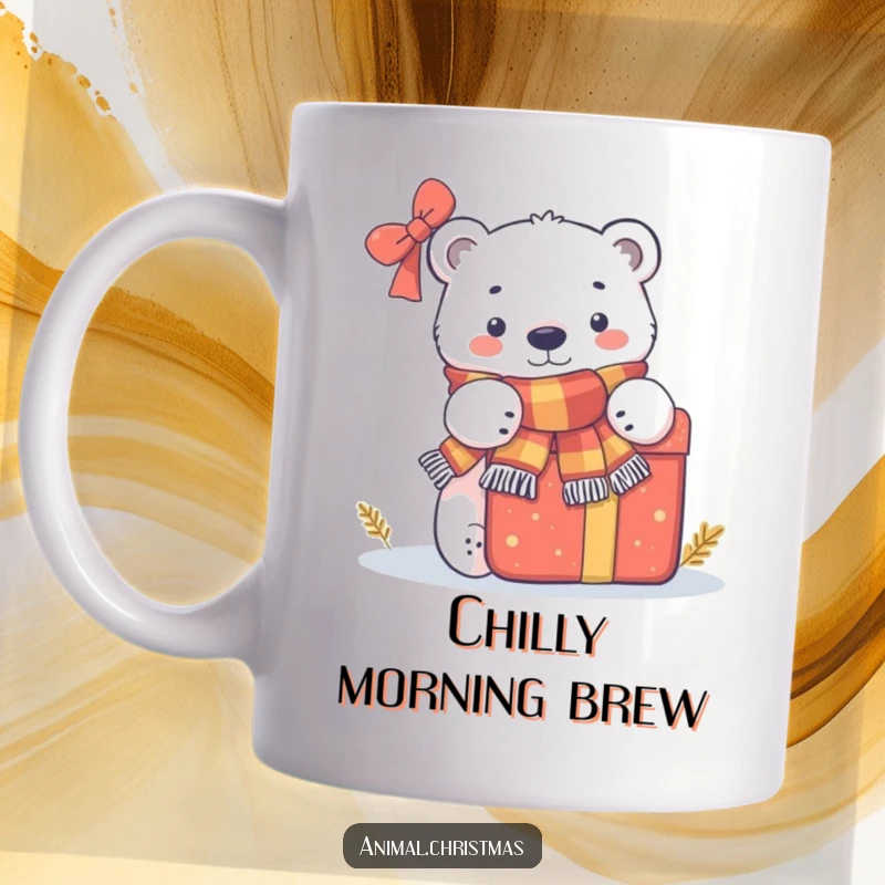 Funny mug featuring a polar bear in a scarf peeking from behind a large, beautifully wrapped gift, embodying playful anticipation.