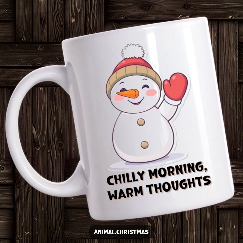 Funny snowman mug with a carrot nose, happily waving a mitten, bringing chilly cheer and a big smile.