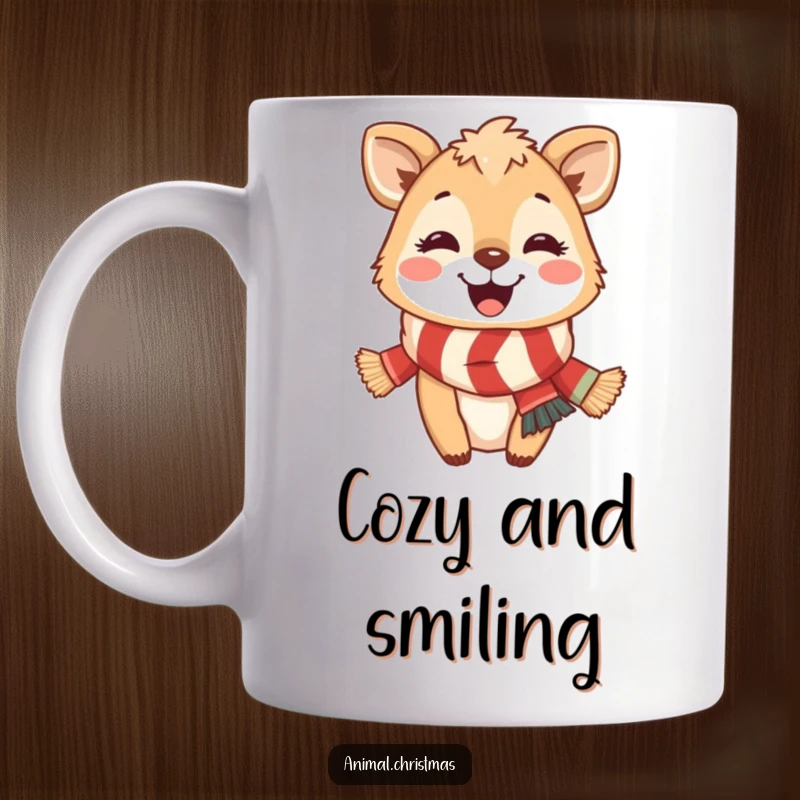 Funny Mug: A happy animal sports a festive scarf and a wide, beaming smile, embodying pure holiday cheer.