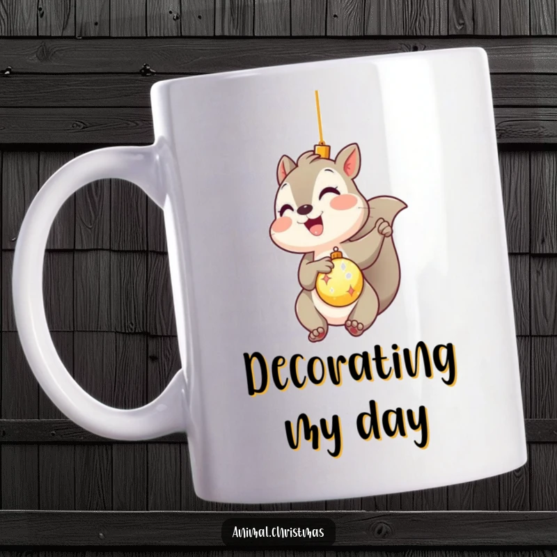 Funny kawaii squirrel gleefully hanging a shiny ornament on a Christmas tree on a mug, embodying festive spirit.