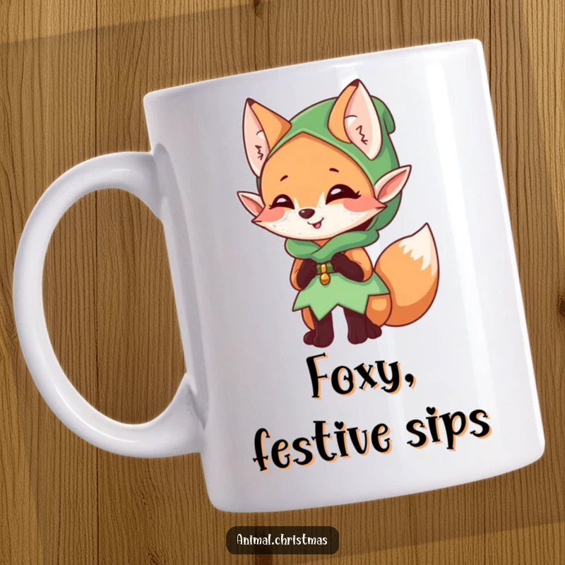 Funny elf fox mug, a mischievous character giggling, dressed as an elf, bringing playful charm.