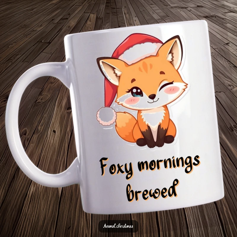 Funny mug featuring a sly fox wearing a Santa hat with a mischievous twinkle in its eye.