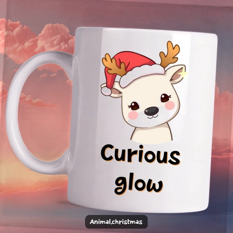 Funny mug showing an animal wearing festive antlers, peering curiously with wide eyes at a twinkling, magical light.