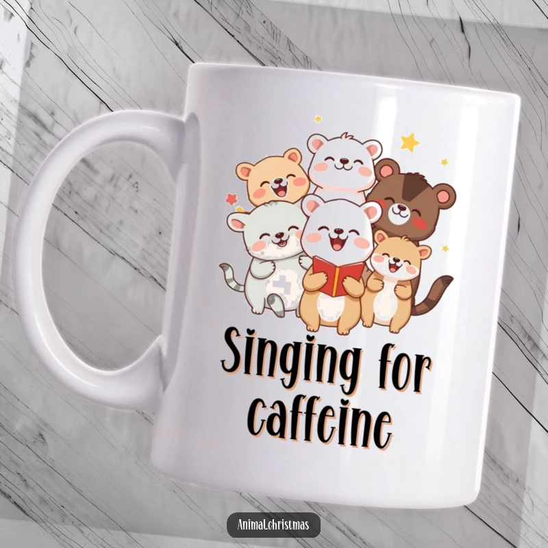 Funny mug depicting a group of animals joyfully singing Christmas carols with wide, cheerful expressions and festive spirit.