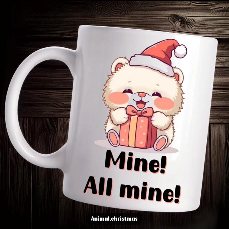 Funny mug with a fluffy animal wearing a tiny Santa hat, ripping open a gift with immense excitement and happy expression.