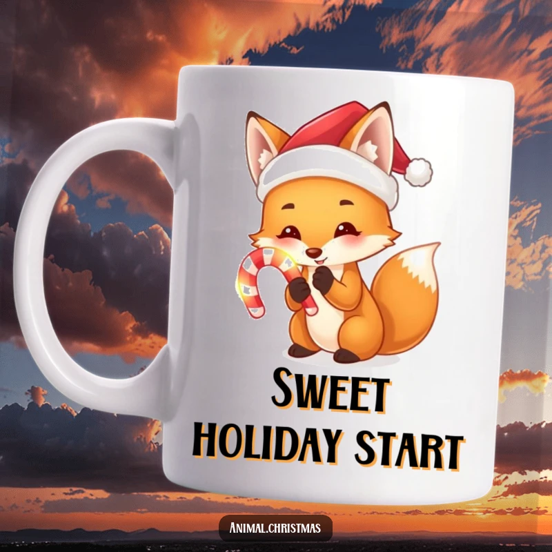 Funny mug depicting a cute fox wearing a Santa hat, holding a brightly glowing candy cane with a mischievous grin.