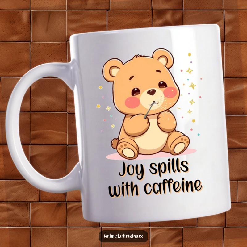 Funny kawaii bear mug, happily blowing sparkly confetti, cute and joyful character, celebratory mug design for parties.