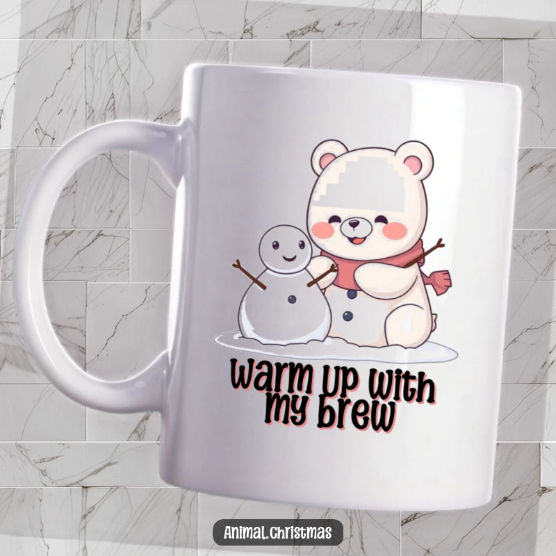 Funny kawaii bear with a pleased grin building a snowman, perfect for a winter-themed mug gift.