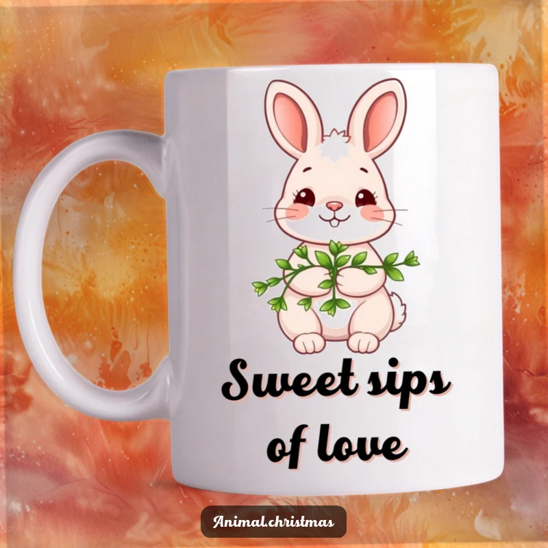 Funny kawaii bunny mug, holding a sprig of mistletoe, with a shy smile, cute holiday character, romantic and sweet design.