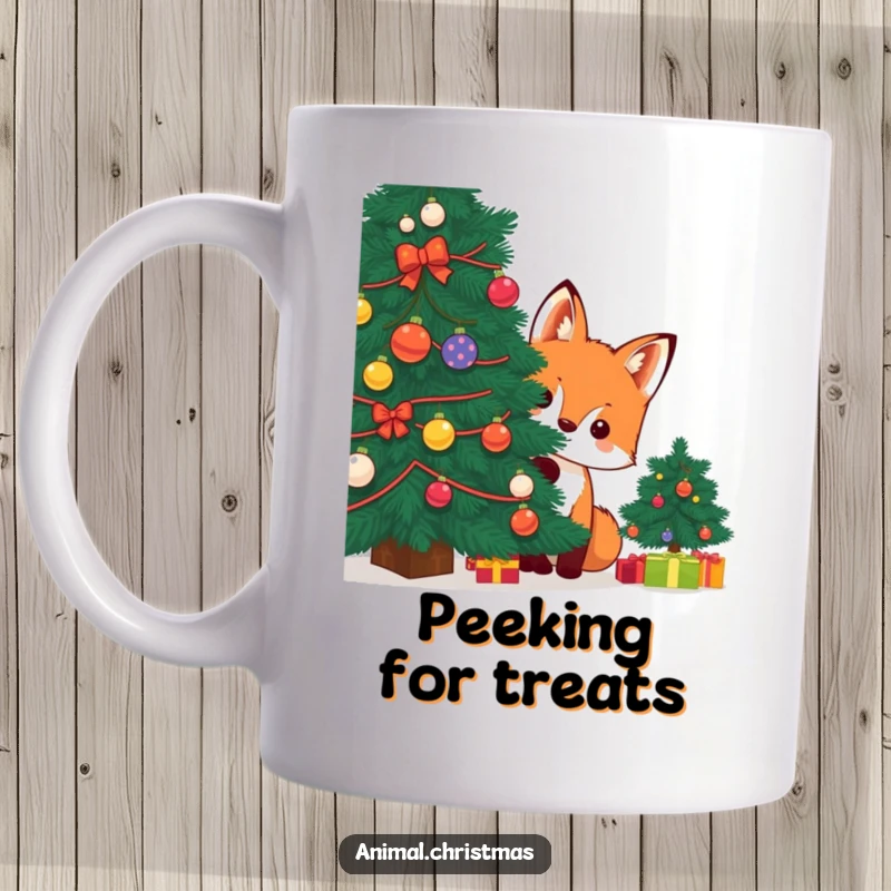 Funny kawaii fox peeking from behind a decorated Christmas tree on a mug, embodying playful holiday mischief.