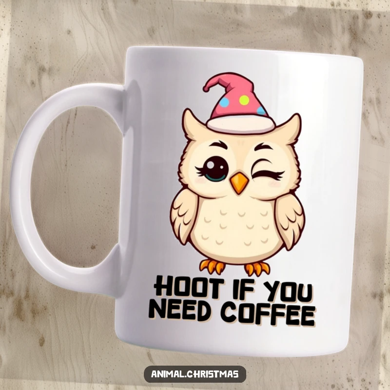 Funny kawaii owl in a festive hat blinking with amusement, perfect for a holiday mug gift.