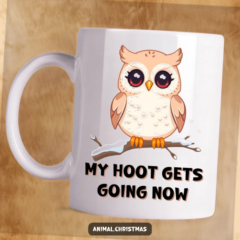 Funny kawaii owl mug with twinkling eyes, perched on a snowy branch, looking cute and magical, ideal for winter lovers.