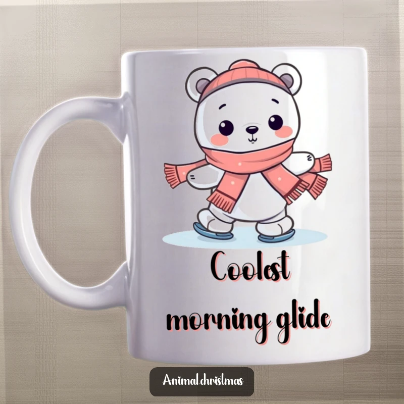 Funny kawaii polar bear cheerfully ice skating with a scarf on a mug, embodying winter fun.