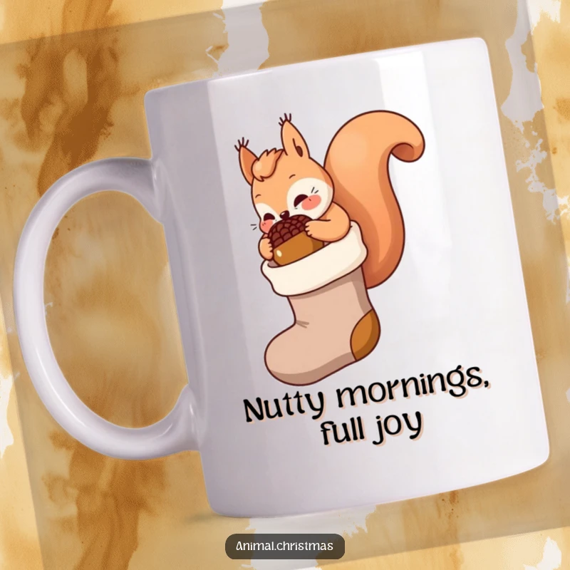 Funny kawaii squirrel mug, stuffing a giant acorn into a Christmas stocking, cute holiday character, festive and humorous design.