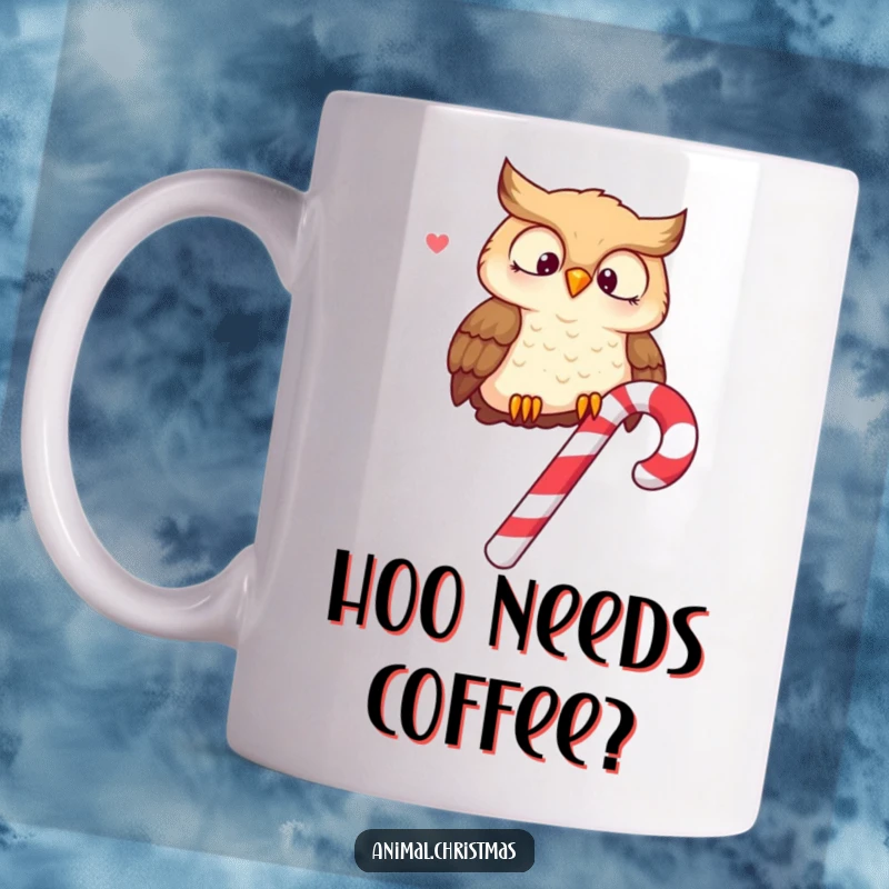 Funny mug showcasing a wise owl perched on a candy cane, hooting merrily with festive delight.
