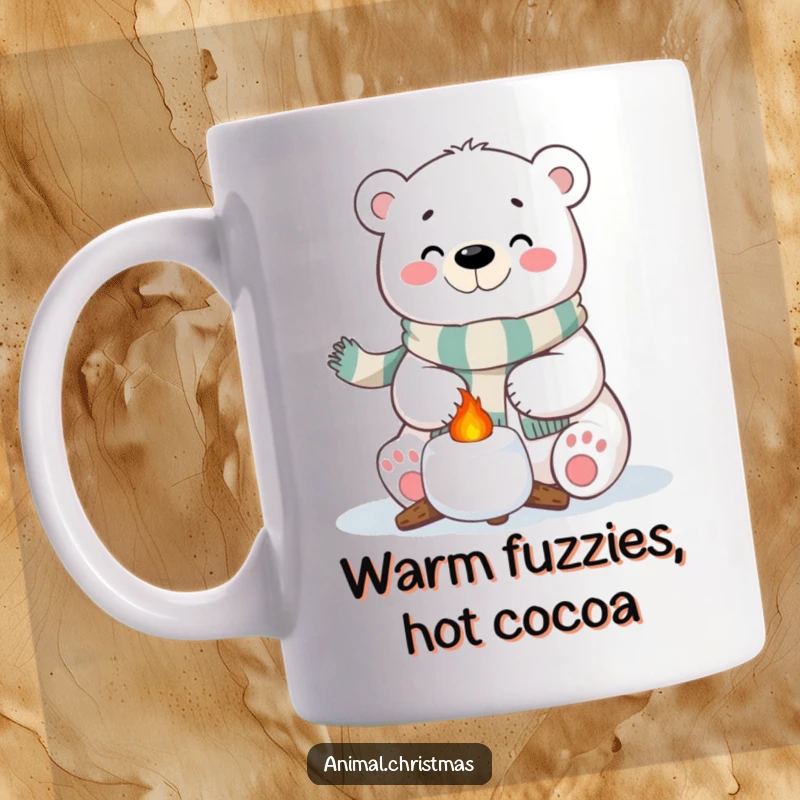 Funny Polar Bear Marshmallow Mug: A polar bear with a festive scarf happily roasting a marshmallow, enjoying winter warmth.