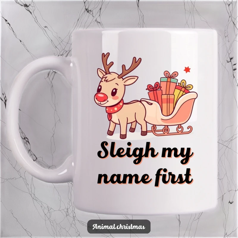 Funny mug featuring a joyful reindeer pulling a tiny sleigh overflowing with colorful holiday gifts, embodying the spirit of Christmas.