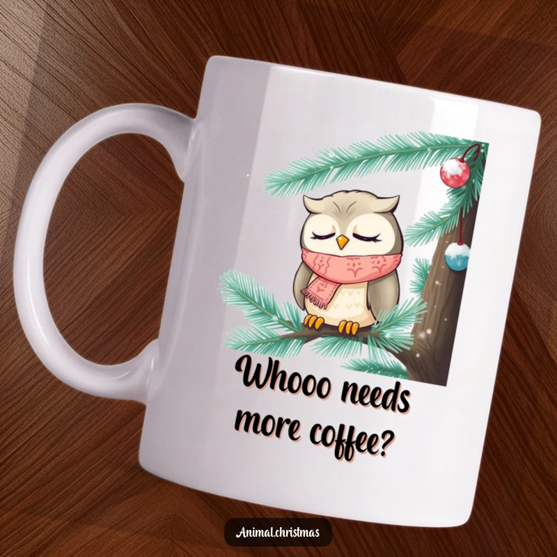 Funny Christmas mug featuring a sleepy owl wearing a knitted scarf, nodding off inside a frosted pine tree branch.