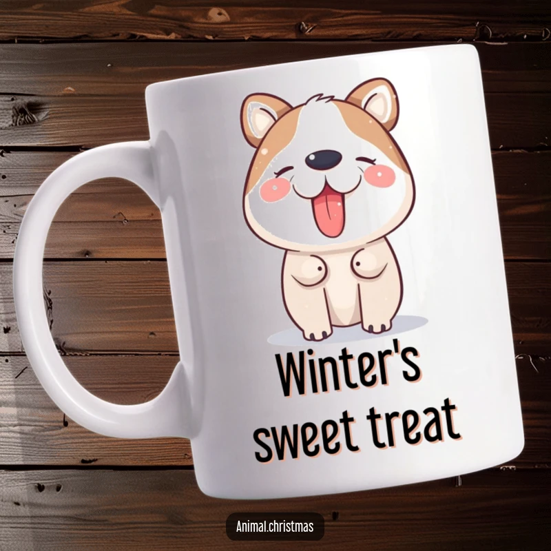 Funny Mug: A happy animal joyfully catches falling snowflakes with its tongue, embodying pure wintertime fun.