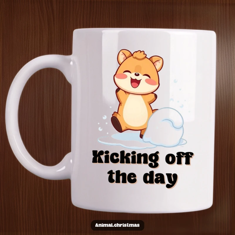 Funny Mug: A happy animal joyfully kicks up snow with a wide, beaming smile, full of winter exuberance.